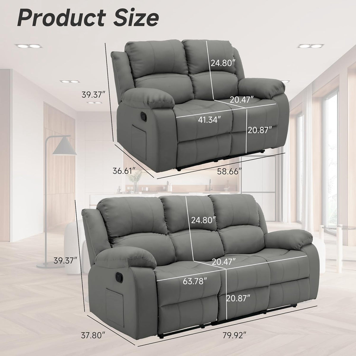 Chizzysit Reclining Couch Sleeper Sofa Set Chaise Lounge Chair Leather Recliner Couch Loveseat for Living Room, Theater Seating - Gray