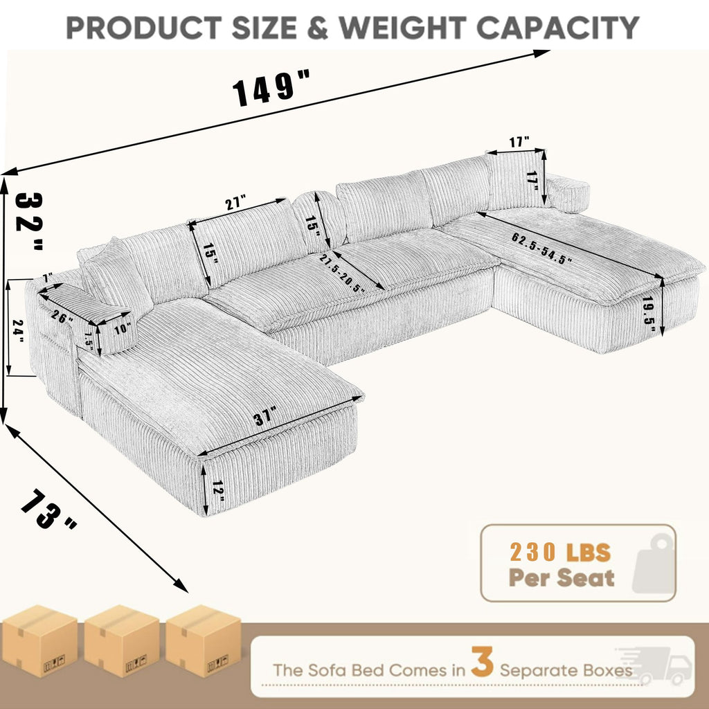  Sectional Sofa, Oversized Sectional Couch Convertible Sofa Bed, 6 Seat Corduroy Sofa Couch with Side Pocket for Living Room, No Assembly Orange