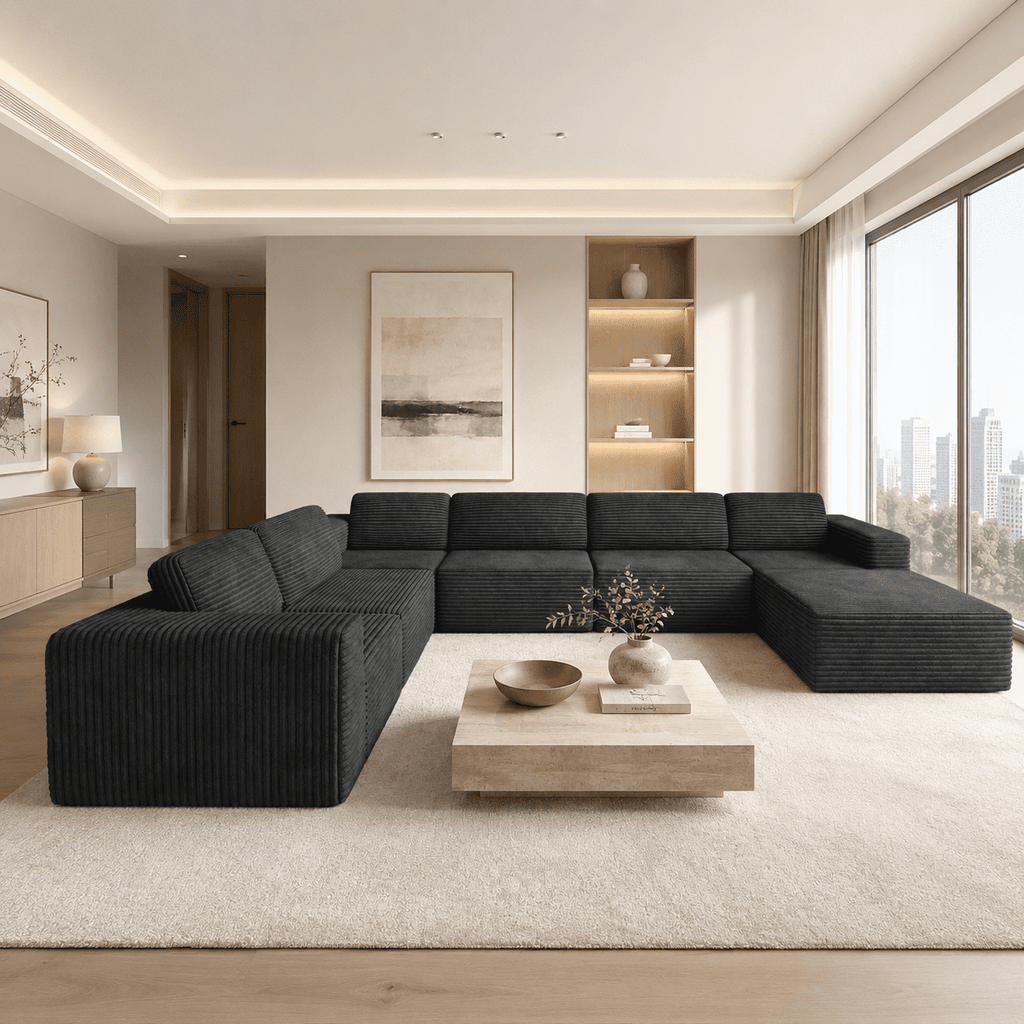160" Oversized Boneless Sectional Couch Bed for living room, 7 Seats, Corduroy Modular U Shaped Sofa, Big Comfy Home Apartment Furniture, No Assembly Needed, Black