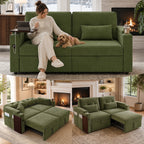 73" Queen Size Sofa Bed, Loveseat Sleeper Sofa with Pull Out Bed, 360° Swivel Table and USB, Modern 2 Seater Convertible Corduroy Couch for Living Room Bedroom Apartment, Green