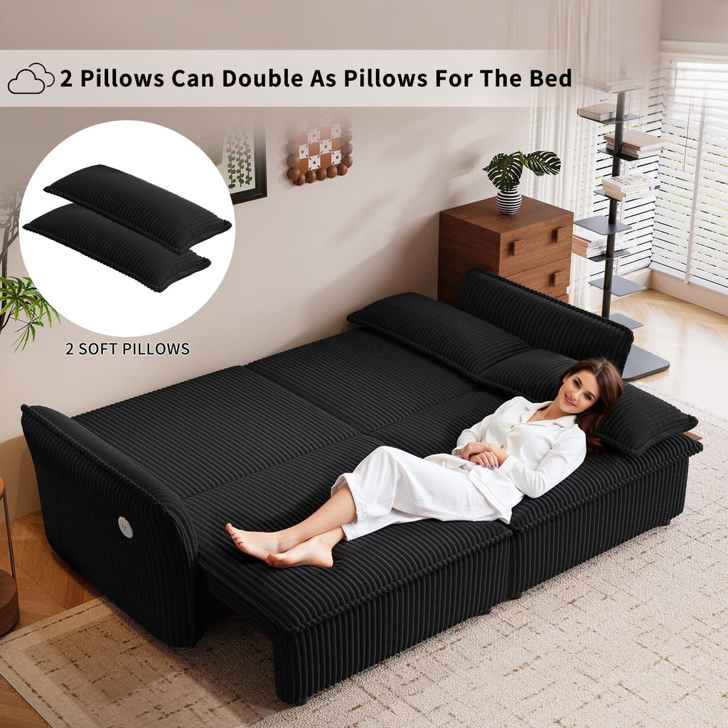  Pull Out Sofa Bed Queen Size, 85" Loveseat Sofa with Movable Ottoman, USB Charging Port, Corduroy Sofa Couch Convertible Sofa Bed for Living Room Black