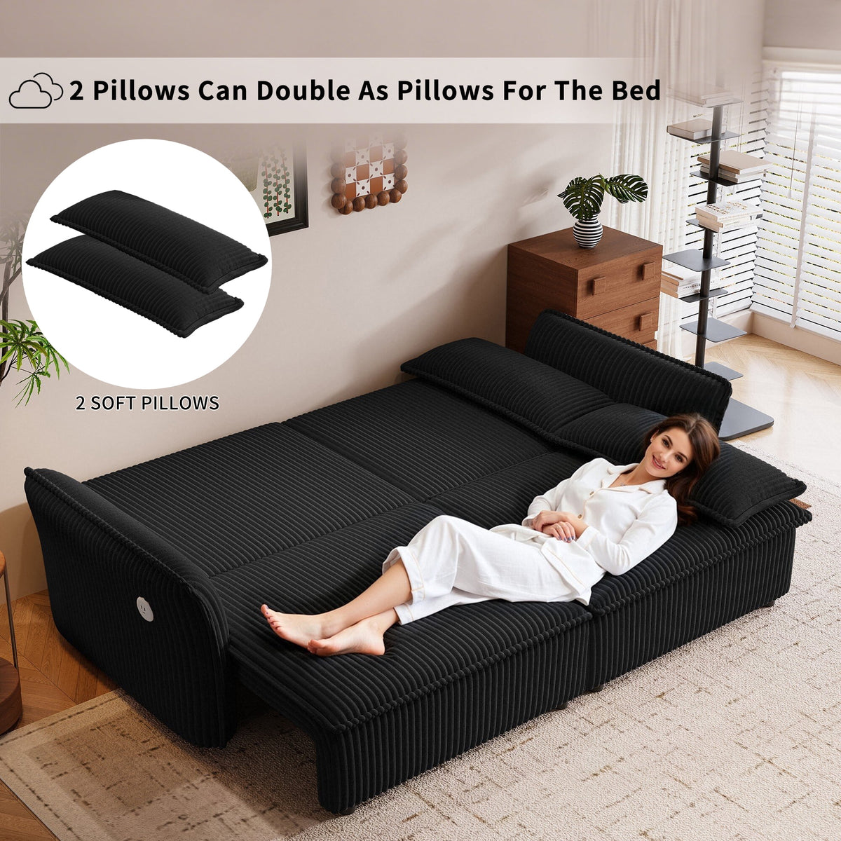  Pull Out Sofa Bed Queen Size, 85" Loveseat Sofa with Movable Ottoman, USB Charging Port, Corduroy Sofa Couch Convertible Sofa Bed for Living Room Black