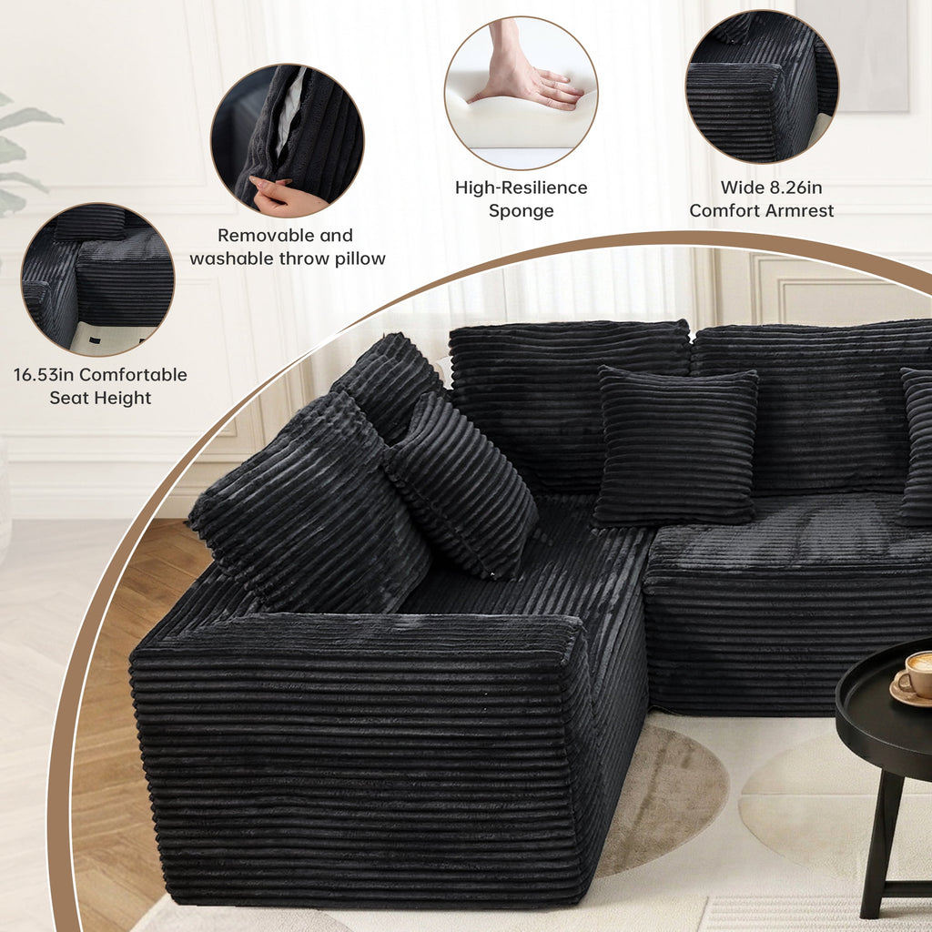  138.5" Sectional U Shaped Couch,Black Sectional Cloud Boneless Sofa For Living Room,Plush Corduroy Couches With Deep Seat Chaise Lounge,No Assembly Required