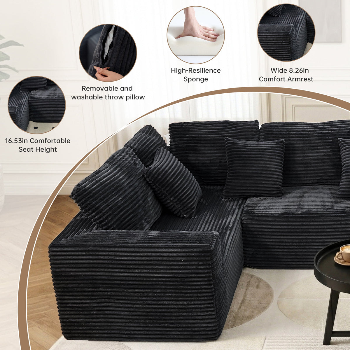  138.5" Sectional U Shaped Couch,Black Sectional Cloud Boneless Sofa For Living Room,Plush Corduroy Couches With Deep Seat Chaise Lounge,No Assembly Required
