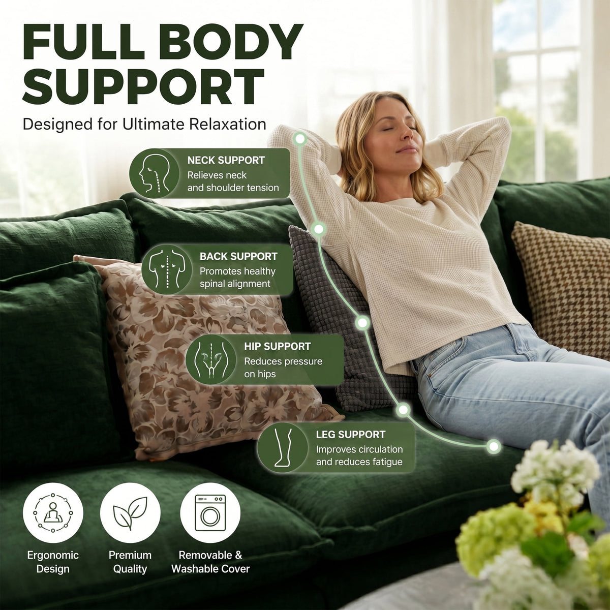 JULY'S SONG 113" L Shaped Couch Set, Deep Seat Modular Sectional Sofa with Movable Ottoman, Plush Couches and Sofas Detachable Cushions, Chenille Sectionals for Living Room, Green