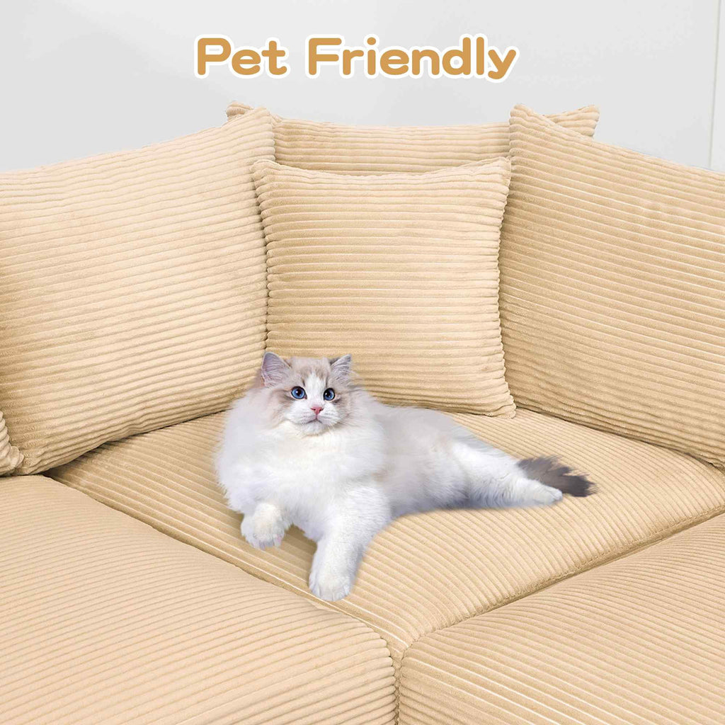 FFH 130" Oversized Modular Cloud Sofa, Cloud Sectional Couch for Living Room, 3 Seater Corduroy Sofa with Deep Seat, Easy Assembly, Camel