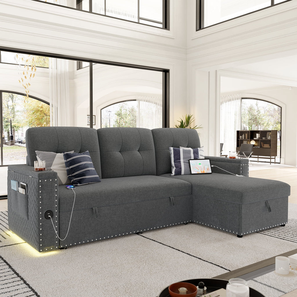 Homfa Gray Sofa Bed with Storage & USB Charging Port, L Shaped Sofa Bed Couches with Storage & Pull out Bed for Living Room