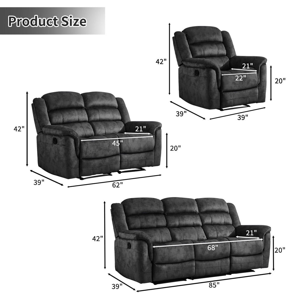  3-Piece Fabric Manual Recliner Sofa Set, Single Chair, Loveseat & 3-Seat Couch for Living Room Furniture