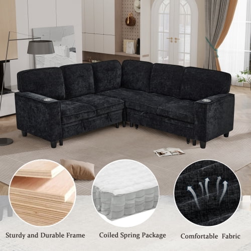  L-Shaped Sofa with Pull Out Sofa Bed, Sleeper Sofa Couch Bed with Storage Seat, 5 Seat Sectional Sofa Bed with USB, Sectional Sofa Couch for Living Room, Apartment,Black