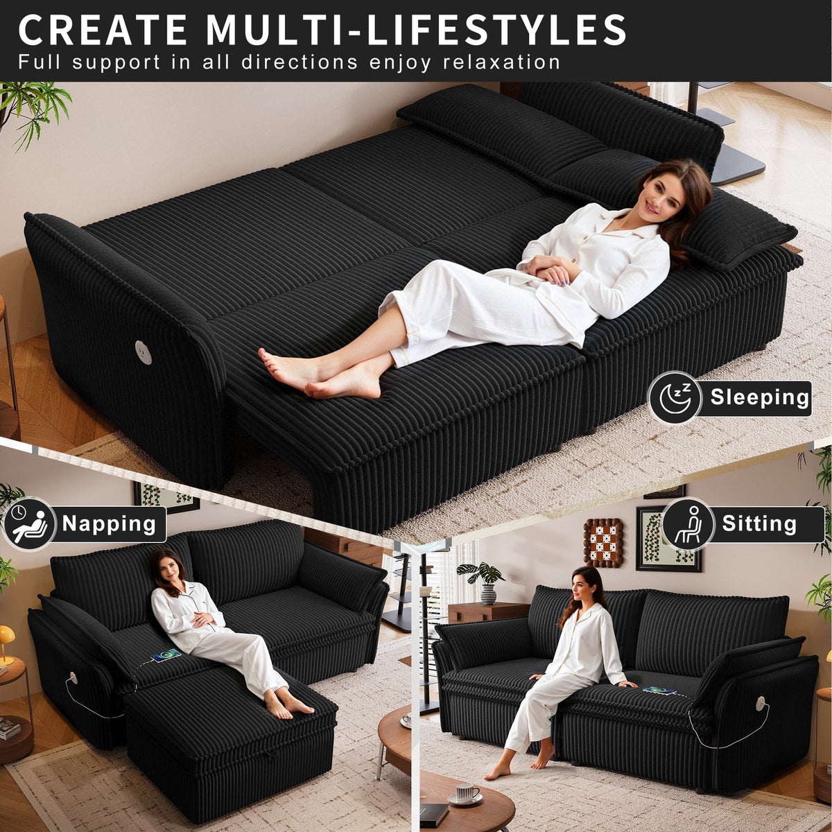  Pull Out Sofa Bed Queen Size, 85" Loveseat Sofa with Movable Ottoman, USB Charging Port, Corduroy Sofa Couch Convertible Sofa Bed for Living Room Black