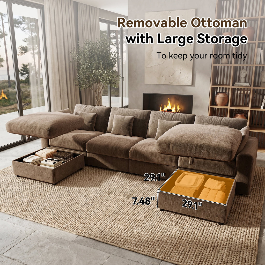  140" Large Modular Sectional Sofa with 2 Removable Storage Ottomans, Extra Deep Seat Cloud Couch for Living Room, Chenille Brown