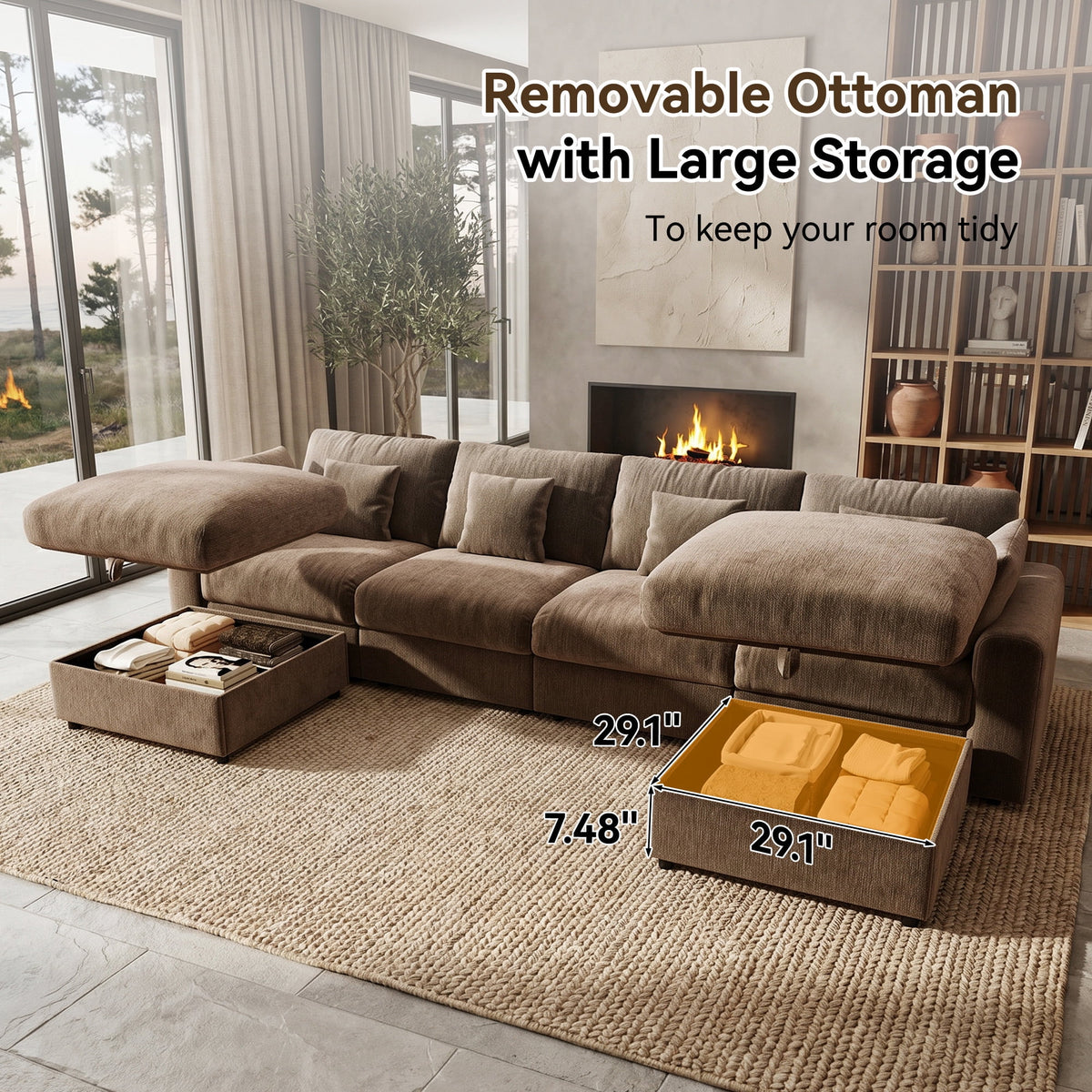  140" Large Modular Sectional Sofa with 2 Removable Storage Ottomans, Extra Deep Seat Cloud Couch for Living Room, Chenille Brown