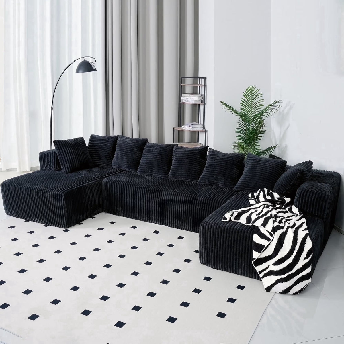  130" Black Sectional Modular Couch, U-Shaped Sofa with Chaise Lounge, Striped Corduroy Upholstered 4-Seater Sofa with Pillow Back and Square Arms