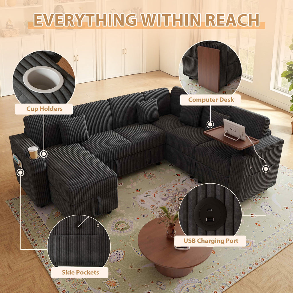 FFH 100" Modular Sectional Sofa with Pull Out Bed, Large Storage, USB Ports, Table Board, Modern Sleeper Couch Bed for Living Room, Corduroy Dark Gray