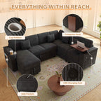 FFH 100" Modular Sectional Sofa with Pull Out Bed, Large Storage, USB Ports, Table Board, Modern Sleeper Couch Bed for Living Room, Corduroy Dark Gray