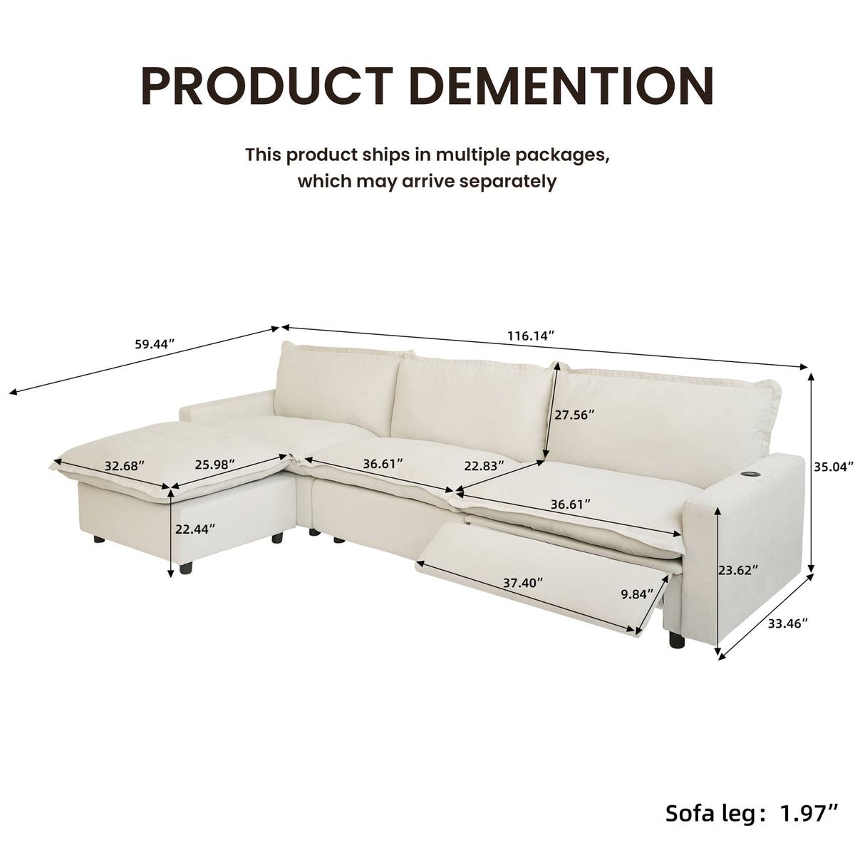 Sdorens Oversized Modular Sectional Sofa with Power Recliner,Cloud Heated Seat Reclining Couch,Charging Cup Holders,Deep L-Shaped 3 Seater with Ottoman,Beige