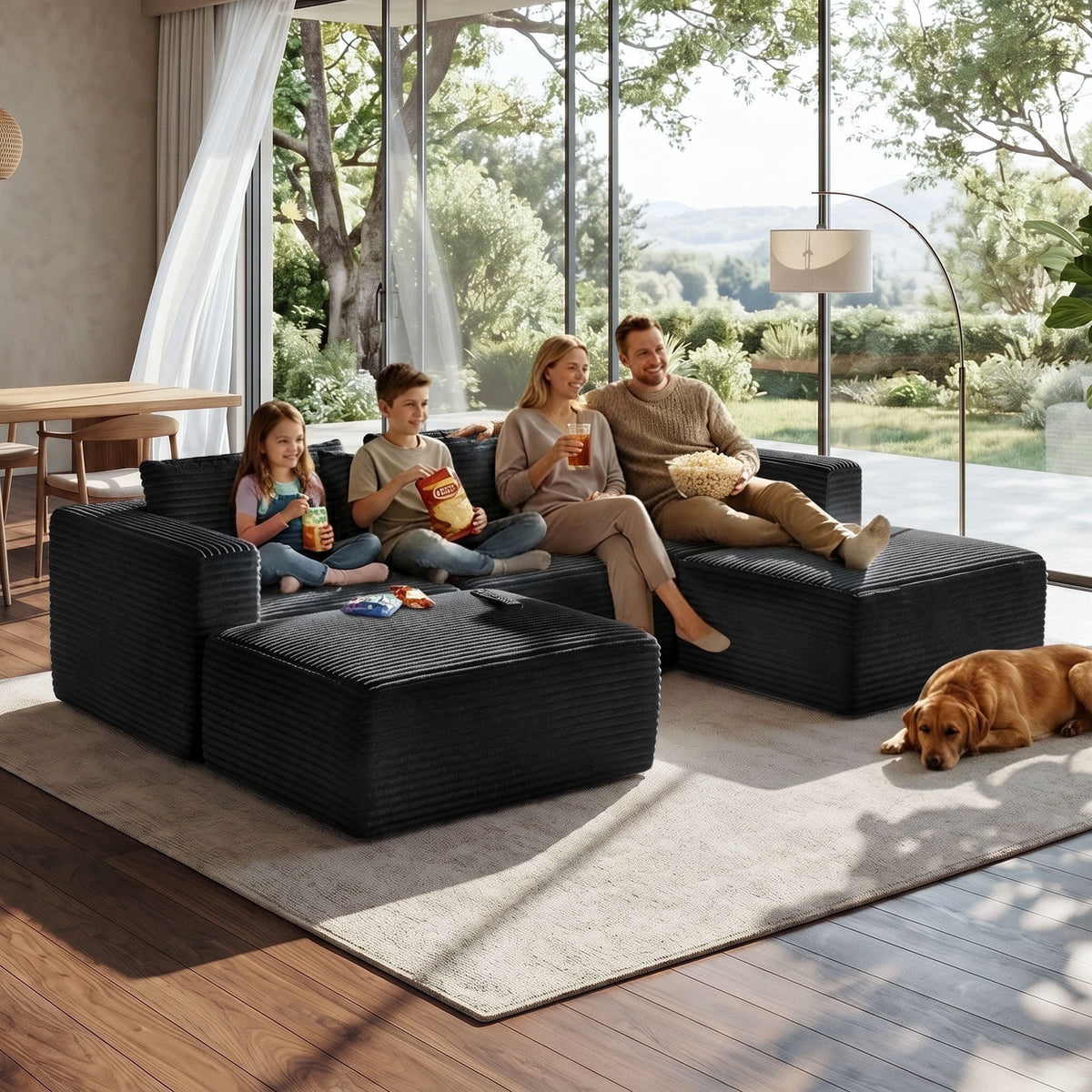 NNSNG 110"U-Shaped Sectional Sofa,5-Seater Boneless Couch Soft Corduroy Fabric Sofa for Living Room,No Assembly Required ,Black