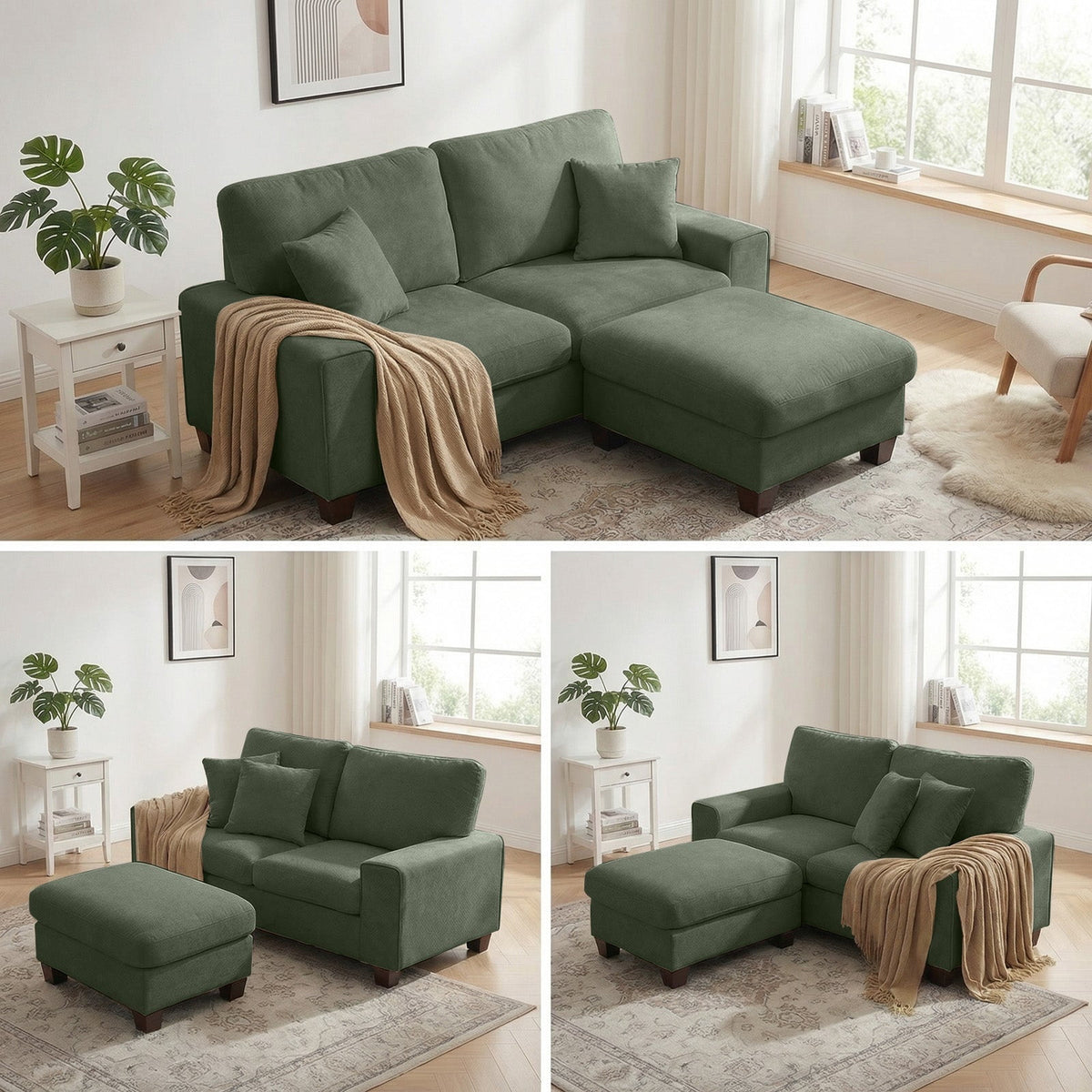 Poshby 88.58''W Sectional Sofa 3 Seater Couch with Chenille, Modern Square Arm for Living Room, Light Green