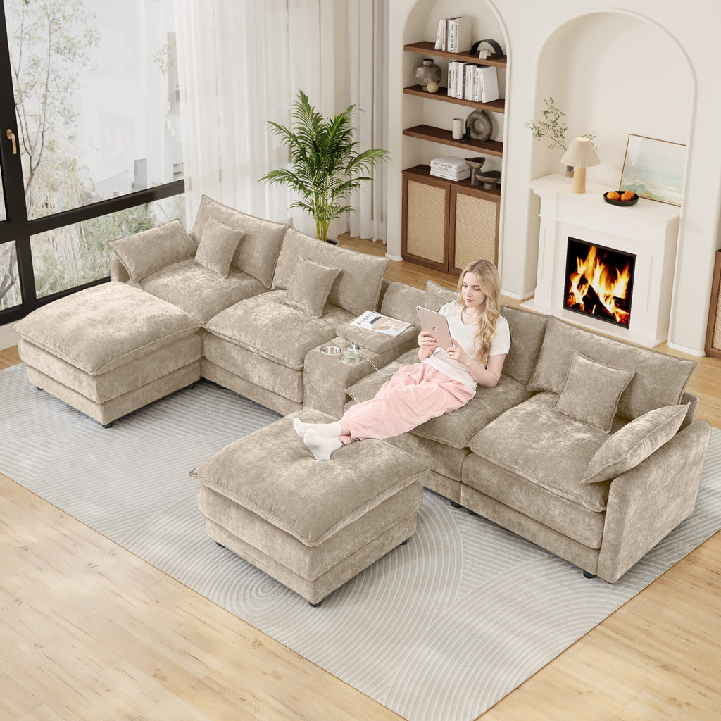 Wiilayok 145" Modular Sofa Set,Large Chenille U Shaped Sectional Sofa with Ottoman,Central Console,Cup Holder,5 Seater Deep Seat Couch for Living Room Furniture,Brown