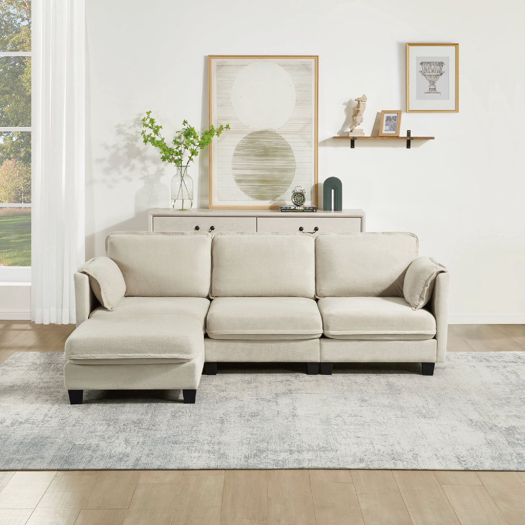  97-inch L-shaped Sofa, Upholstered Deep Seat Sofa with Cotton-Linen Brushed Fabric, Ottoman & Side pocket, 3-Seater Sofa for Living Room, Beige