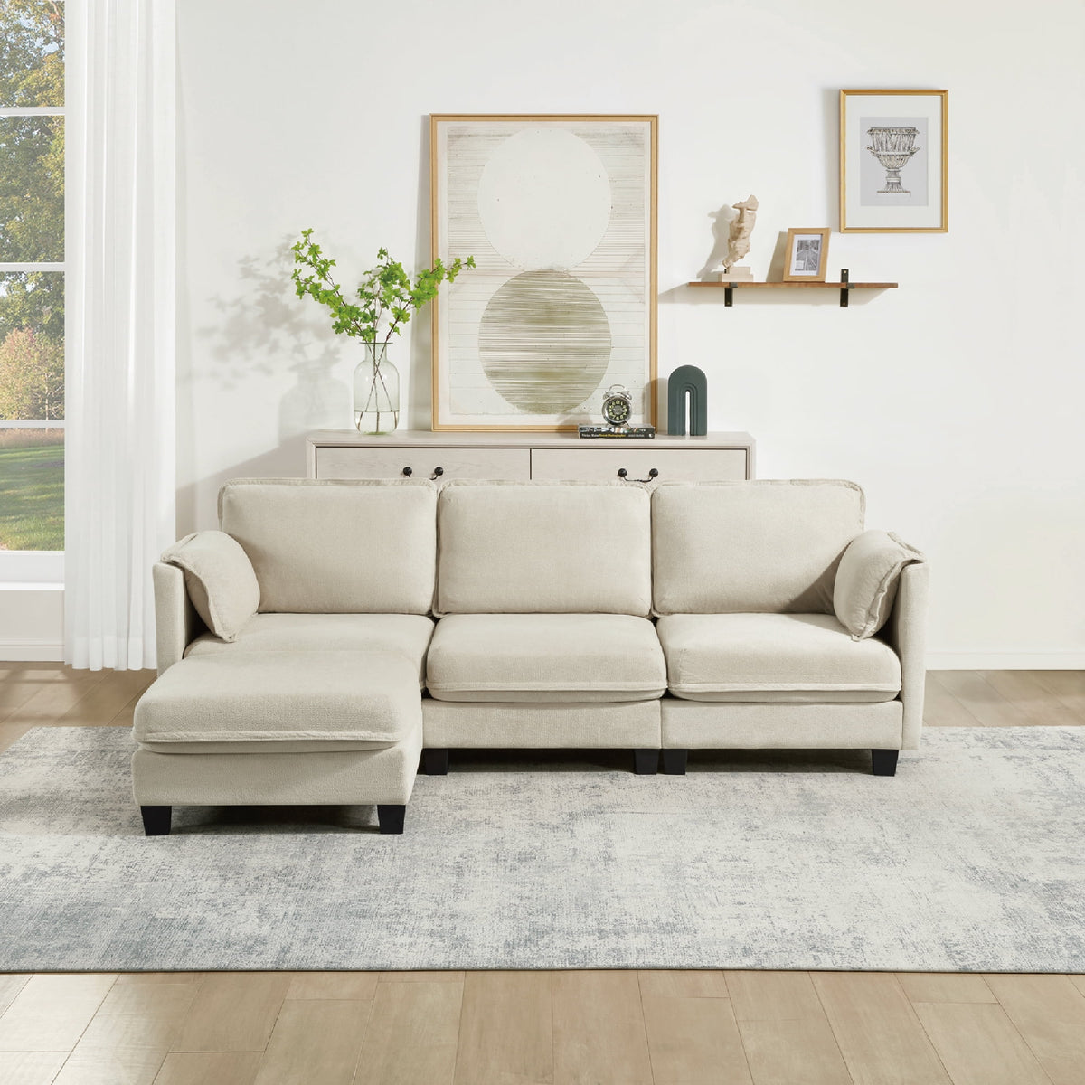  97-inch L-shaped Sofa, Upholstered Deep Seat Sofa with Cotton-Linen Brushed Fabric, Ottoman & Side pocket, 3-Seater Sofa for Living Room, Beige