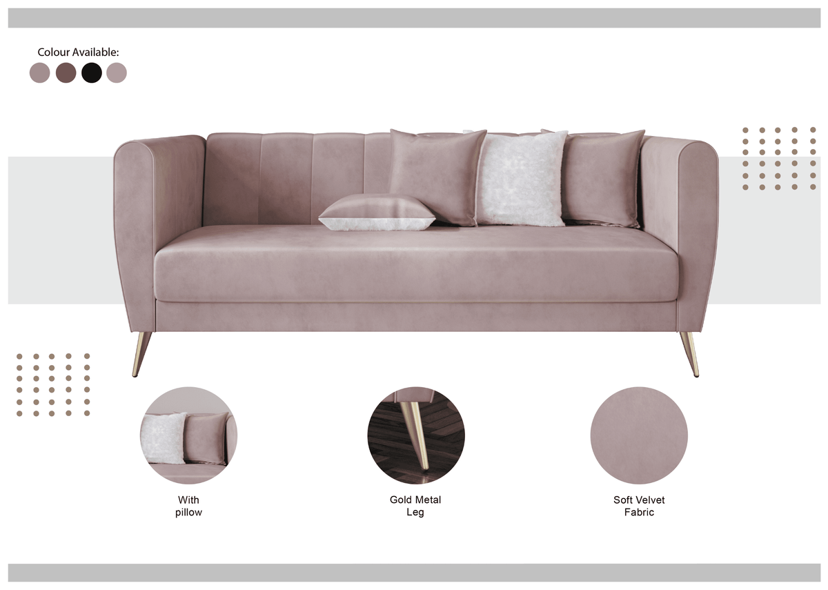 Home Design Scarlett Velvet Flared Arm 3-Seater Sofa with 4 Throw Pillows, Vertical Channel Tufting and Metal Legs, Modern Luxury, Pink