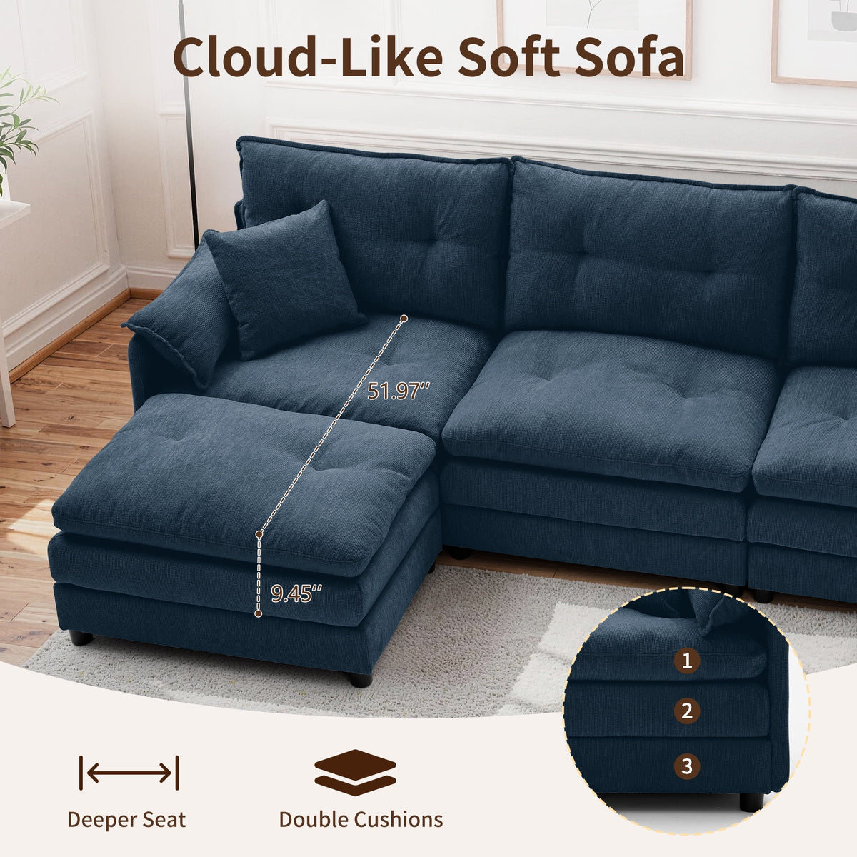 Korser L Shaped Modern Sofa with Movable Ottoman Convertible Modular Sectional Cloud Couch with Deep Seat & Pillow,Chenille 3-Seat Couches for Living Room,Assembly Required,Blue
