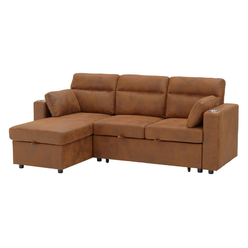 82.5" L-Shaped Convertible Sleeper Sofa, Pull-Out Sectional Sofa Bed with Storage Chaise, Cup Holders & 2 Lumbar Pillows, Modern Sofa Couch for Living Room, Apartment