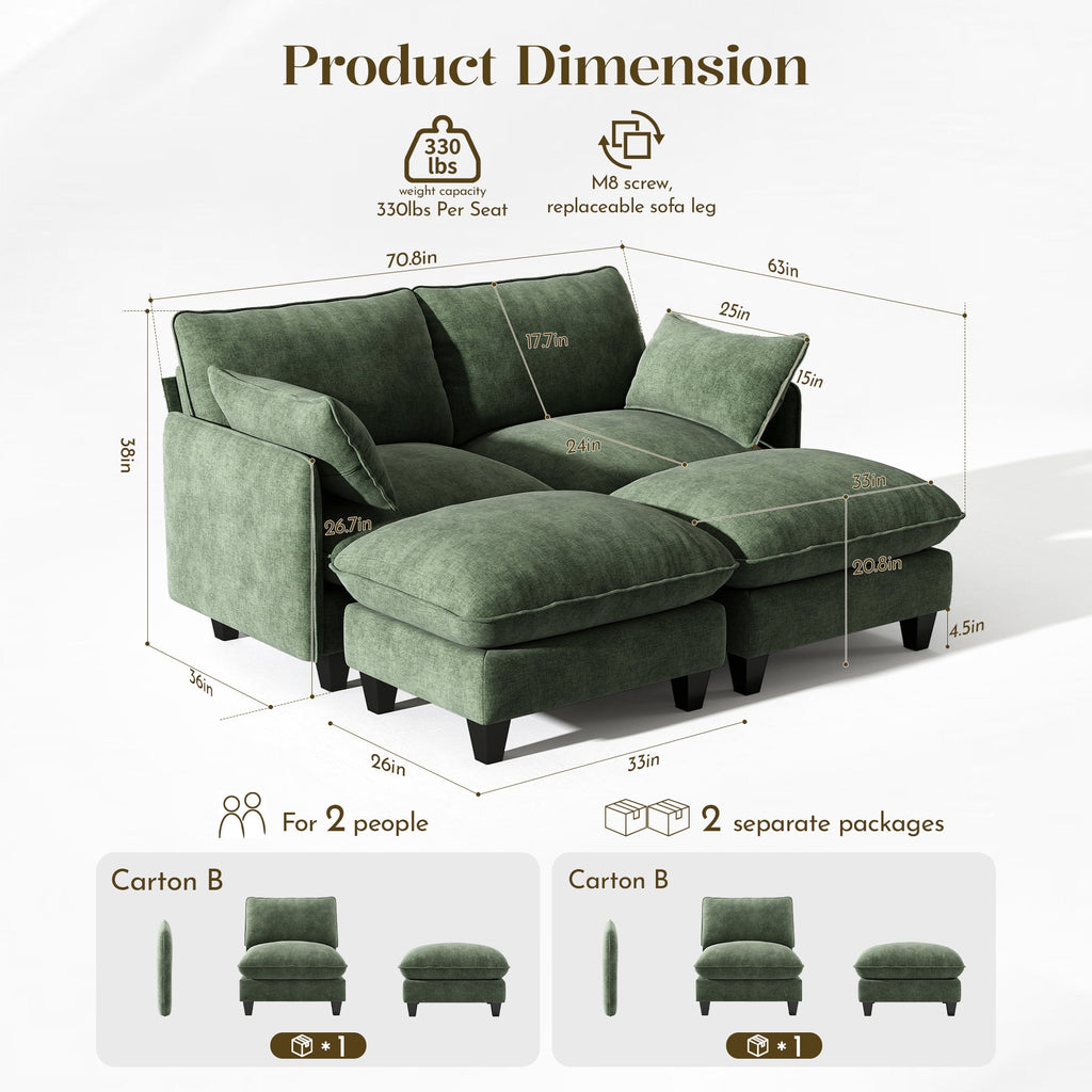  71'' Loveseat Sofa with Movable Ottoman, Cozy Deep Seat Cloud Couch for Living Room,Apartment,Office, 2-Seat,Green