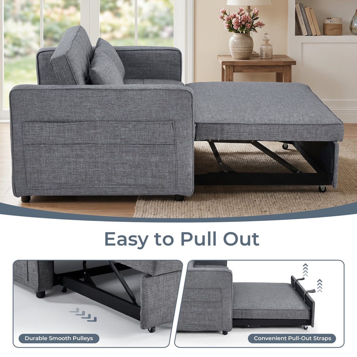  2-Pack 3 in 1 Convertible Sleeper Sofa Bed, 2-Seater Futon Couch with Storage Pockets, Adjustable Backrest for Guest Room, Airbnb, Gray