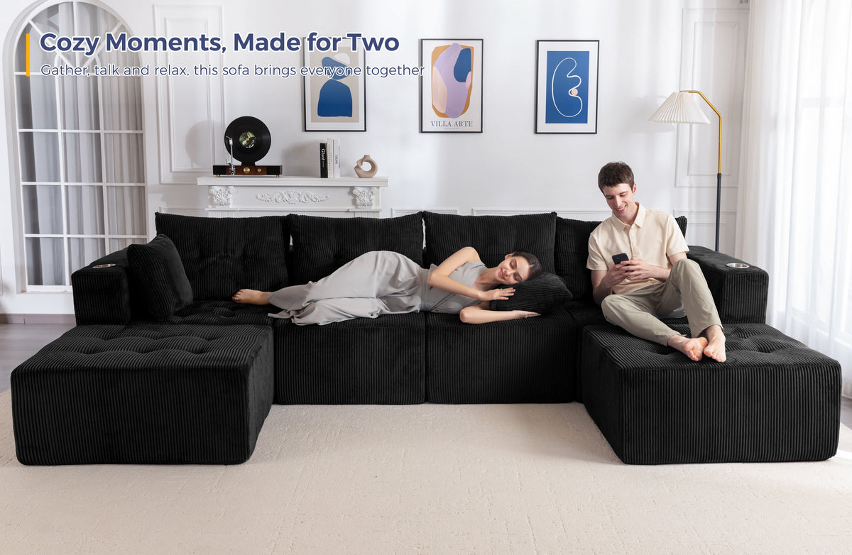 BYBYME Cloud Sectional Couch with U-Shape Chaise Modern Comfy Modular Corduroy Sofa for Living Room,Tufted 6-Seat Sleeper Chair with 2 Ottoman,Sofa in A Box,No Assembly Required,Black
