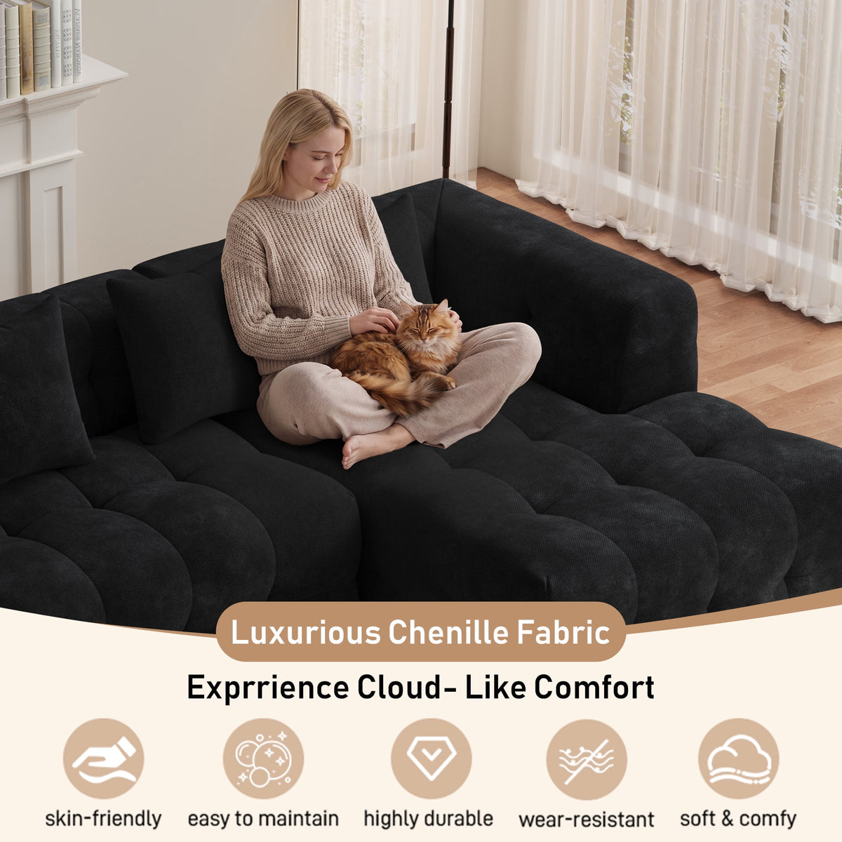 Wiilayok 120" Boneless Oversized Cloud Couch, Right Facing L-Shaped Chenille Sectional Sofa with Chaise Lounge, Deep Seat Upholstered Living Room Sofa with 4 Pillows, No Assembly, Black