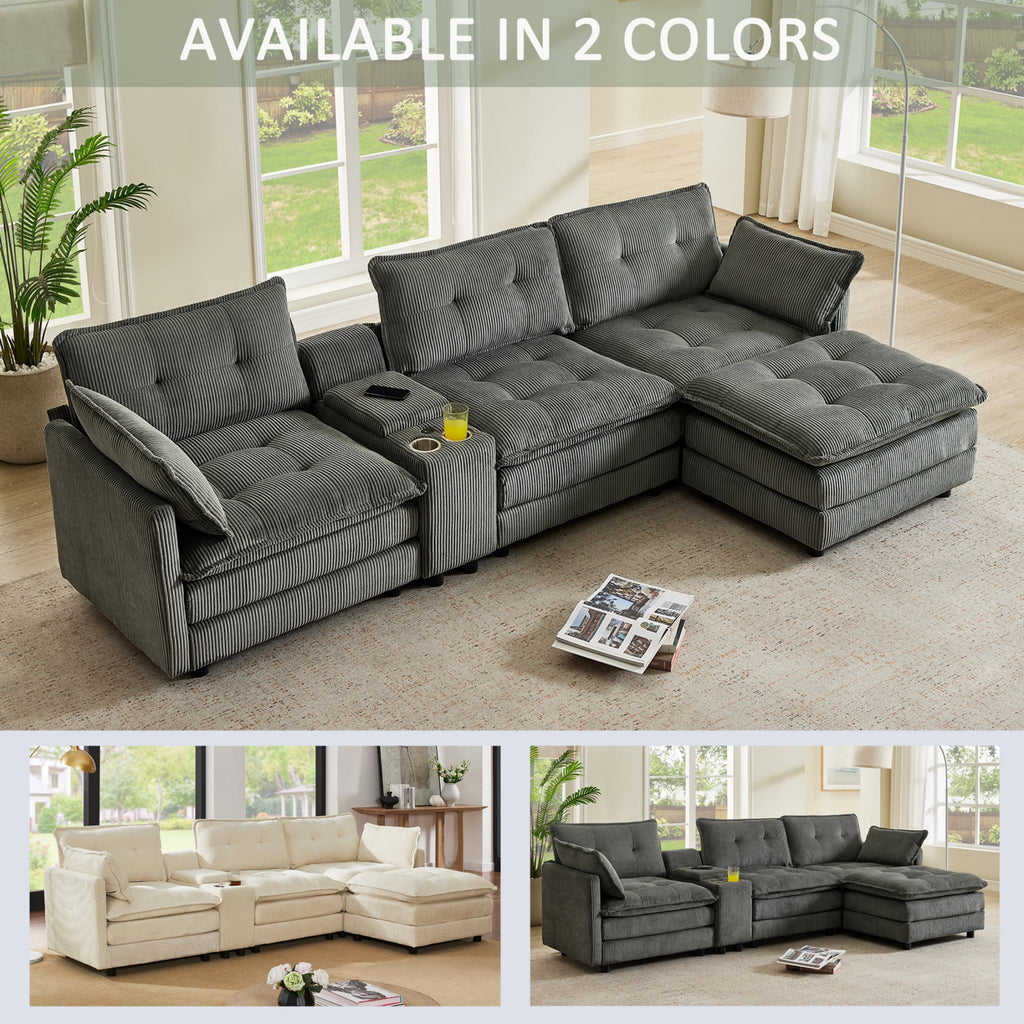 Anpport 119" L-Shaped Modular Sectional Sofa with Removable Ottoman for Living Room, Corduroy, Dark Gray