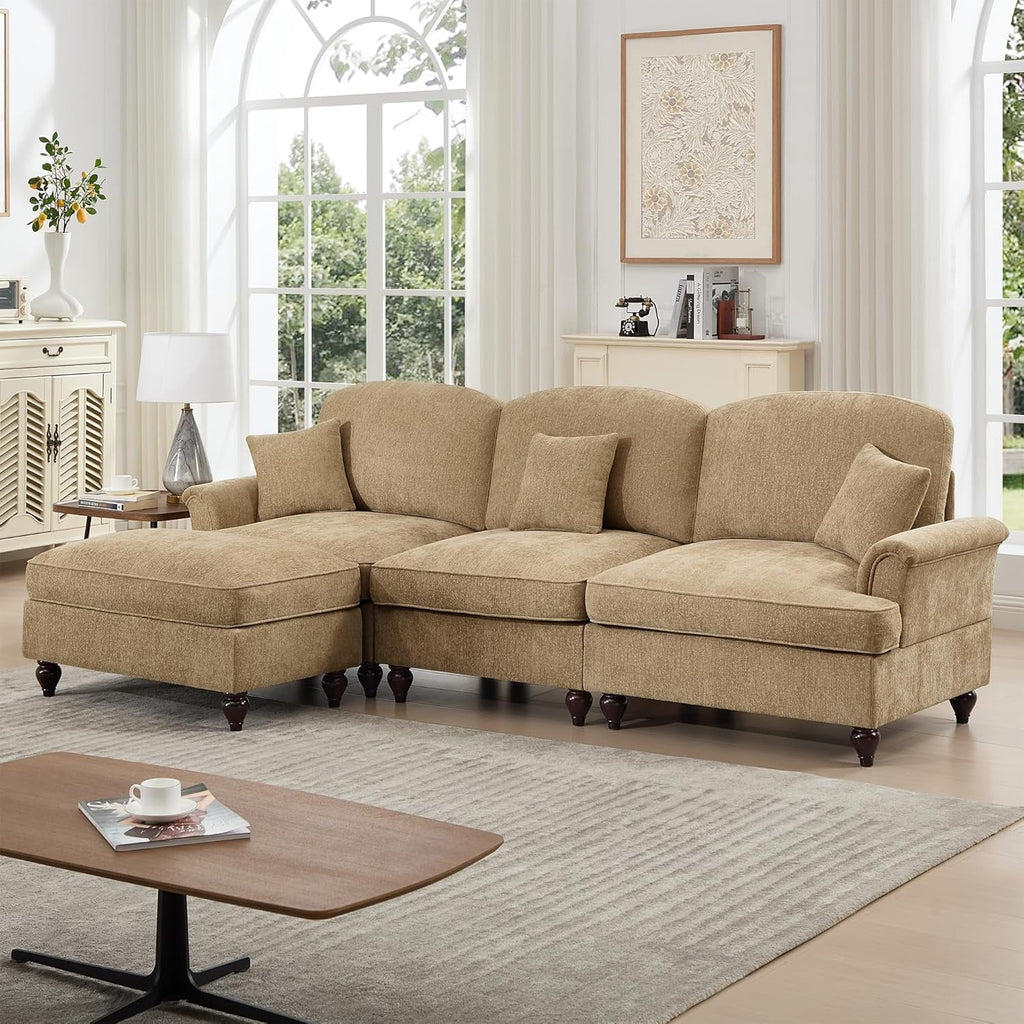 Modular L Shaped Sectional Couch with Ottoman, Chaise Lounge Sofa with Removable Ruffles Pleats Skirts, 3-Seat Deep Seat Sofa for Living Room, Light Coffee