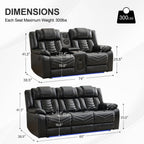 2PCS Power Zero Gravity Reclining Sofa Set with Bass Speaker,Wireless Charger,USB/Type C Ports,LED Light,Cup Holder,Storage Console Faux Leather Electric Recliner Sofa and Loveseat,5 Seater,Black
