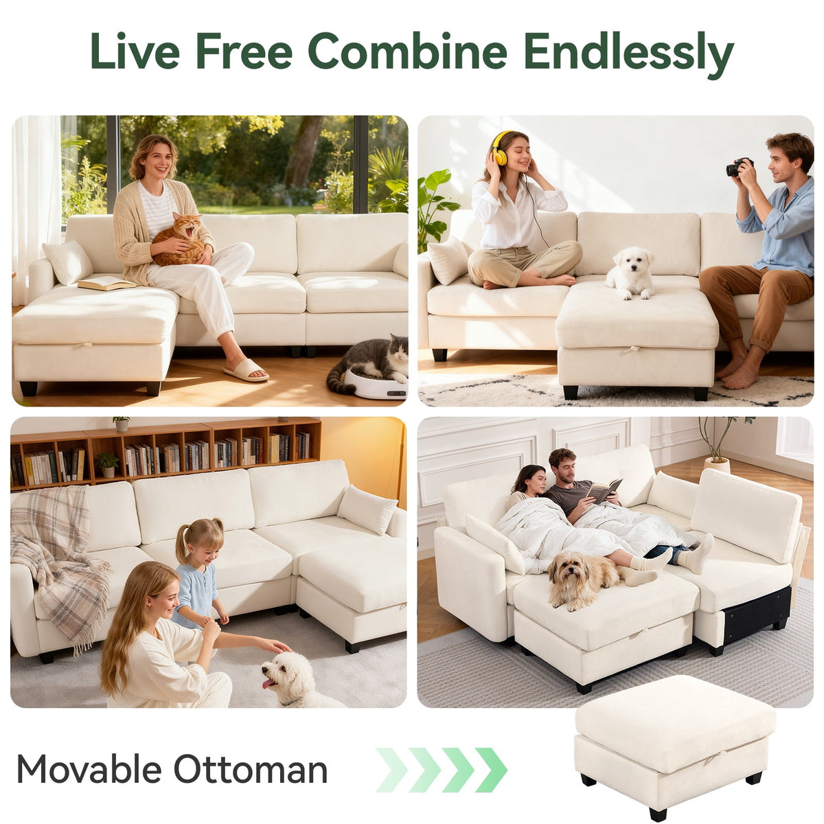 109" L-Shaped Modular Sectional Sofa with Sleeper Bed, Storage & Movable Ottomans, Oversized Deep Seat Cloud Couch, Convertible 4-Seat Sofa for Living Room or Apartment (Beige, High Legs 3.15")