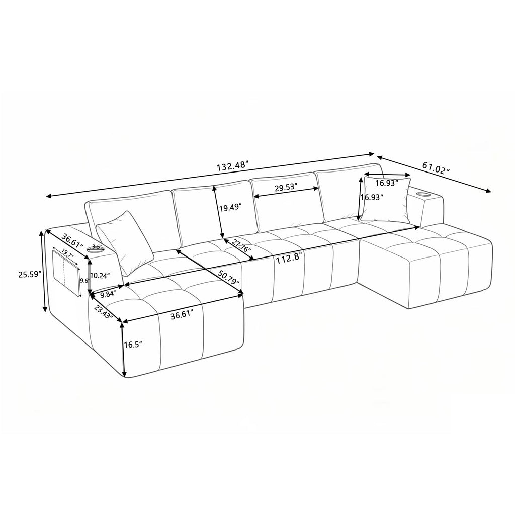  132" U-Shaped Chenille Cloud Sectional Sofa, Boneless Modular Couch with Cup Holders & Side Pockets, No Assembly Compressed Living Room Sofa, Black