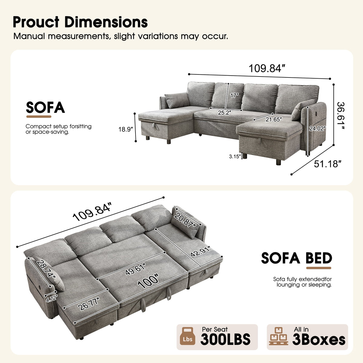 Hombryzy 109" Sectional Sleeper Sofa Bed with Storage Chaise, USB Charging Port, Pull Out Bed & Adjustable Backrest, U Shaped Couch for Living Room, Chenille Gray
