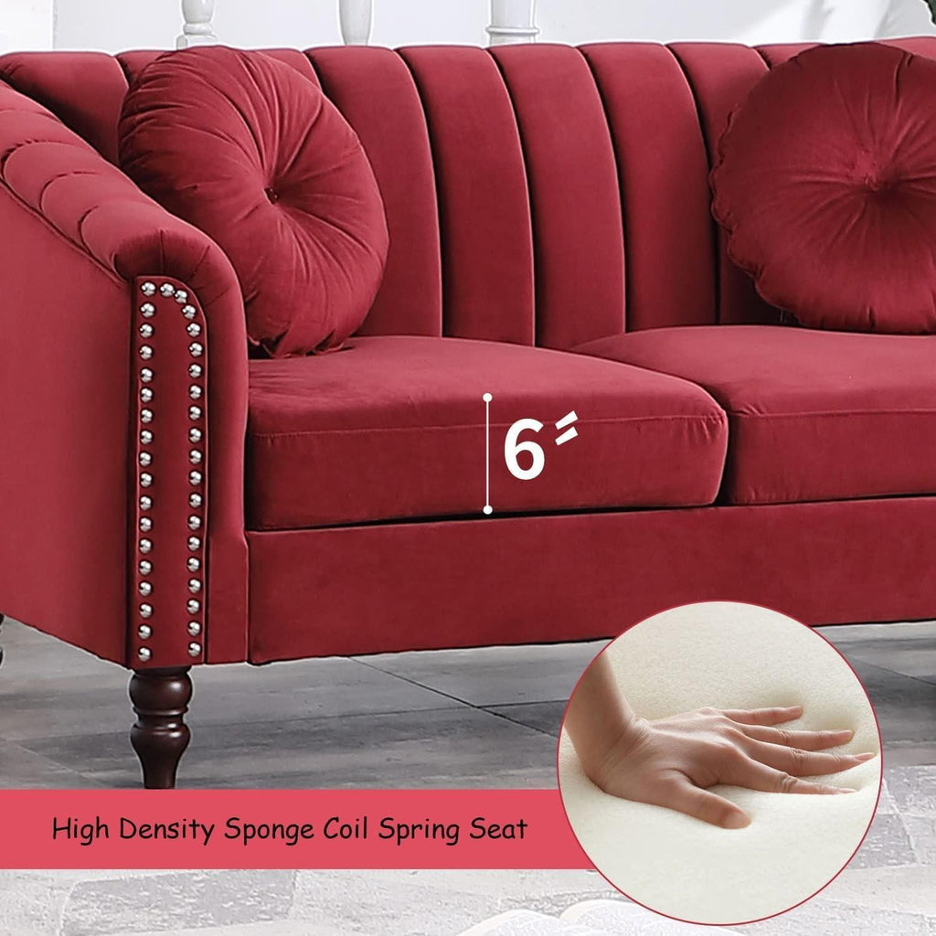  Chesterfield Velvet Sofa Couch with Nailhead Trim and 2 Pillows for Living Room,Red