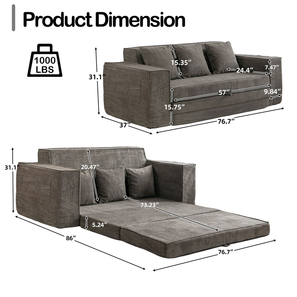Vicluke Convertible Memory Foam 3-seat Sofa & Loveseat, Pull Out Sleeper Sofa Bed, 2 in 1 Folding Couch Bed, Fold Out Floor Couch Corduroy Fabric with Pillows for Living Room Bedroom Lounge(Grey)
