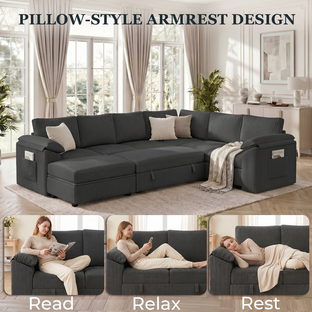 Time Ray 7 Seaters Storage Sectional Sleeper Sofa with Pull Out Bed,Modular Sectional Sofa with Storage Ottoman,Side Pocket,2 Loveseat,Plush Corduroy Sectional Couches for Living Room,Grey