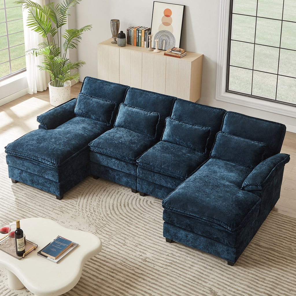  Oversized Sectional Sofa U Shaped Couch 4 Seat with 4 Waist Pillows,Chenille Upholstery Symmetrical Sleeper Sofa Cloud Couch with Double Chaise Lounge for Living Room Apartment Office