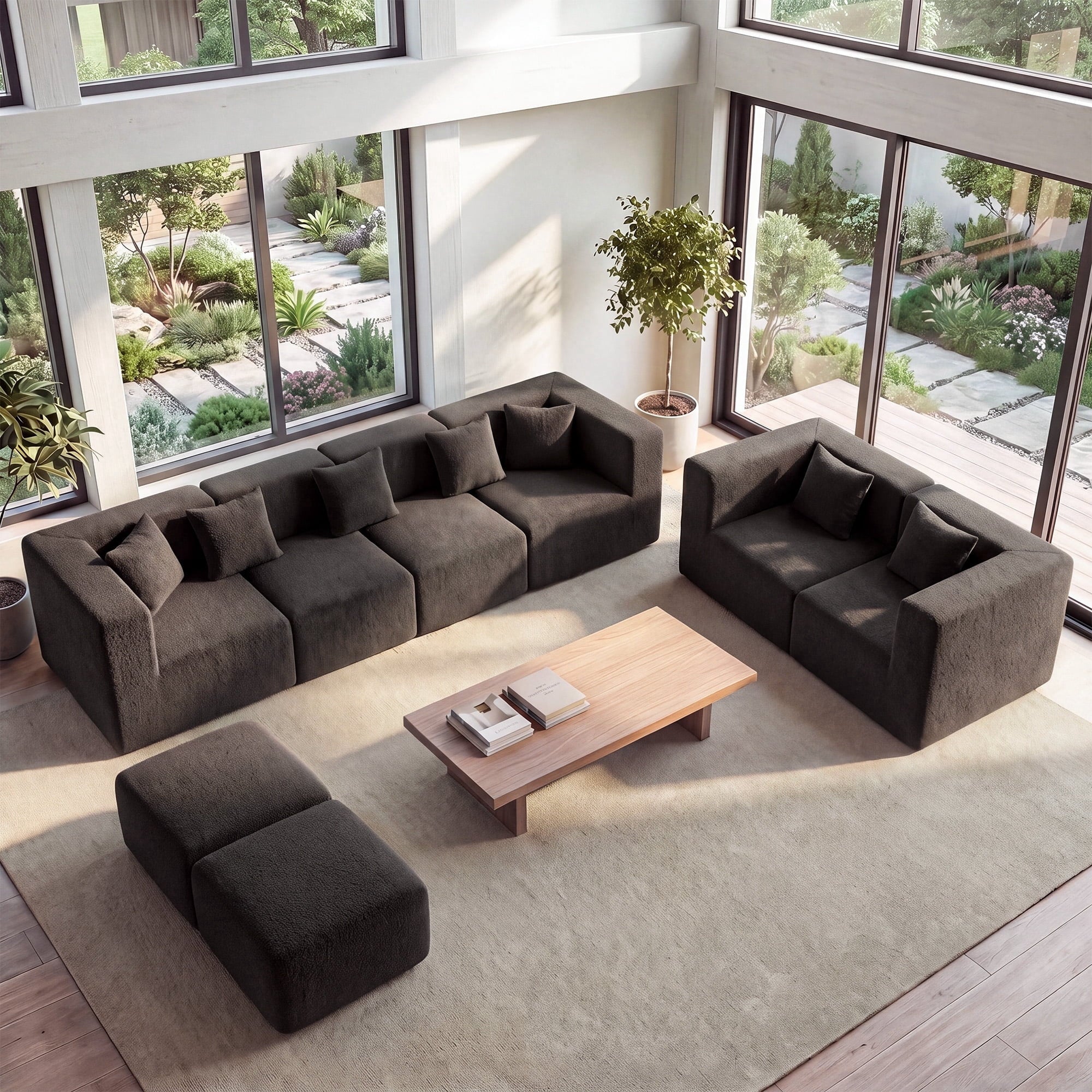  130" 8-Piece Modular Sectional Sofa with Ottomans, U-Shaped Pit Couch for Living Room, Modern Teddy Fabric Cloud Couch Set, Large Sleeper Sofa with Deep Seats, Coffee Brown