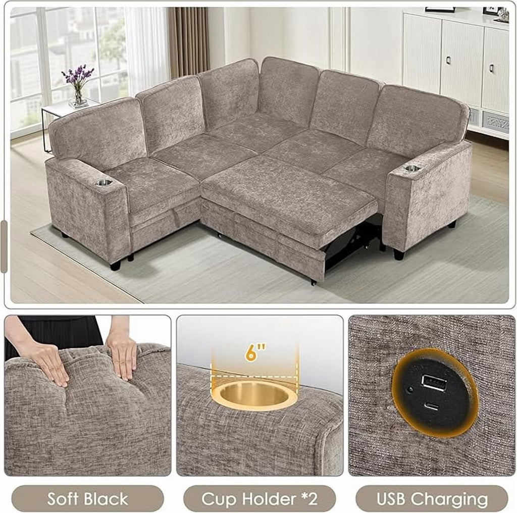  81" Sectional Sleeper Sofa with Pull Out Bed, Modular L-Shaped Chenille Couch with Storage Chaise, USB Charging Ports & Cup Holders for Living Room, Apartment, Light Brown