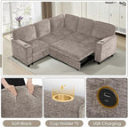  81" Sectional Sleeper Sofa with Pull Out Bed, Modular L-Shaped Chenille Couch with Storage Chaise, USB Charging Ports & Cup Holders for Living Room, Apartment, Light Brown