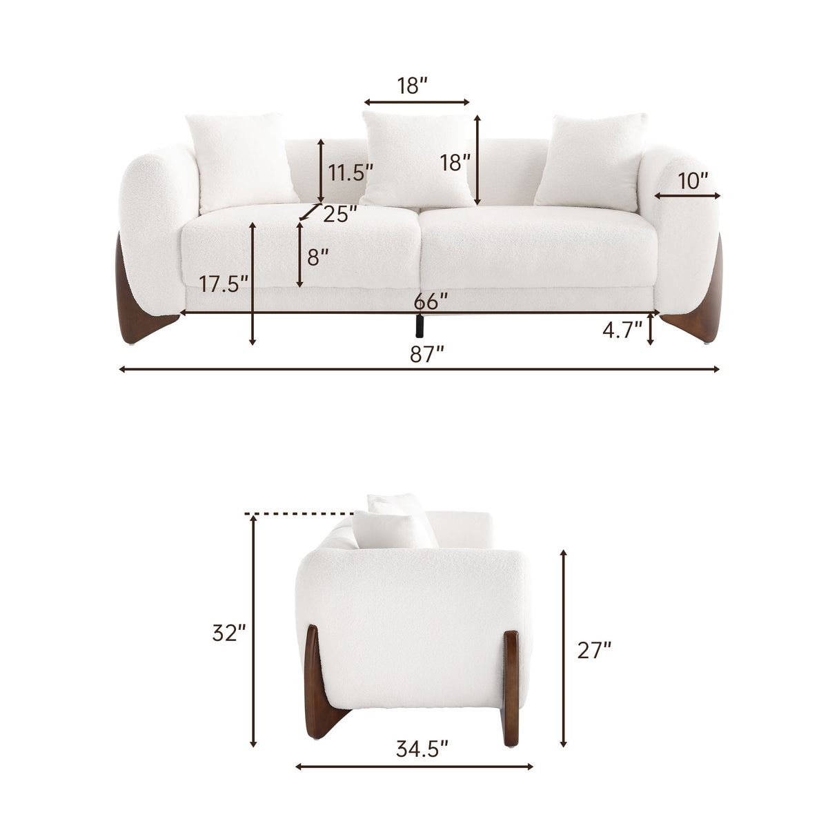 Morden Fort 87" W Cloud White Sofa Boucle Sherpa Couch, Upholstered Comfy Couch with Crescent Wood Legs and 3 Matching Pillows