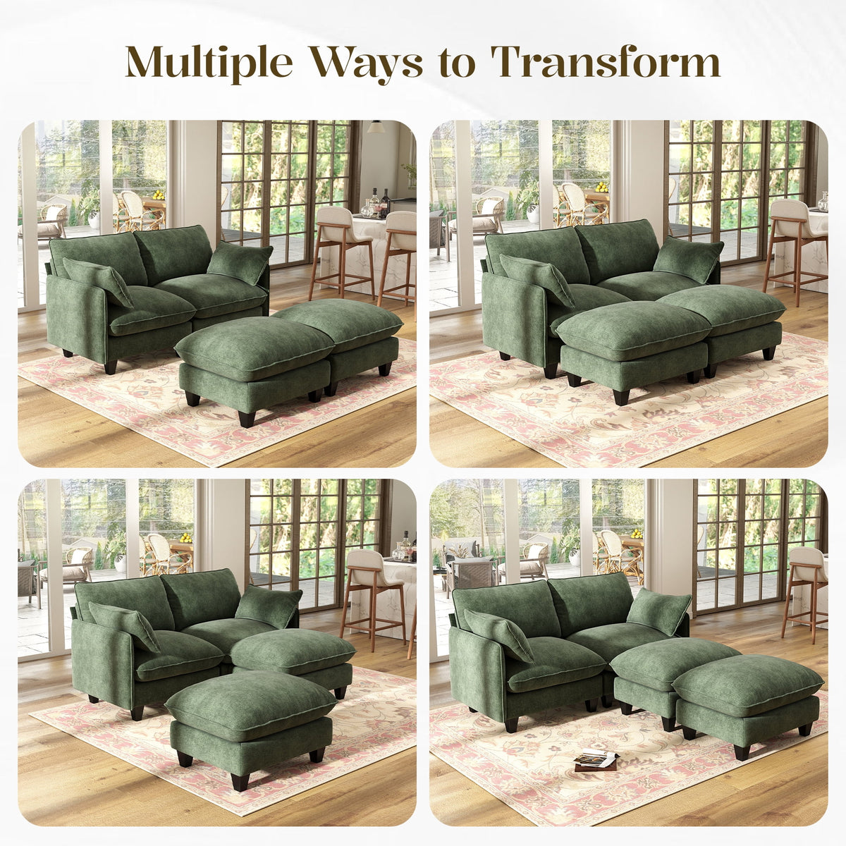  71'' Loveseat Sofa with Movable Ottoman, Cozy Deep Seat Cloud Couch for Living Room,Apartment,Office, 2-Seat,Green
