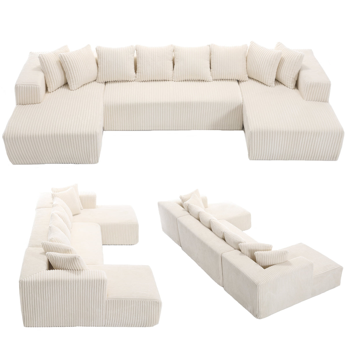  130" Boneless Couch, Modern Couches for Living Room, U-Shaped 4-Seat Modular Sofa with Chaise, Oversized, No Assembly, White