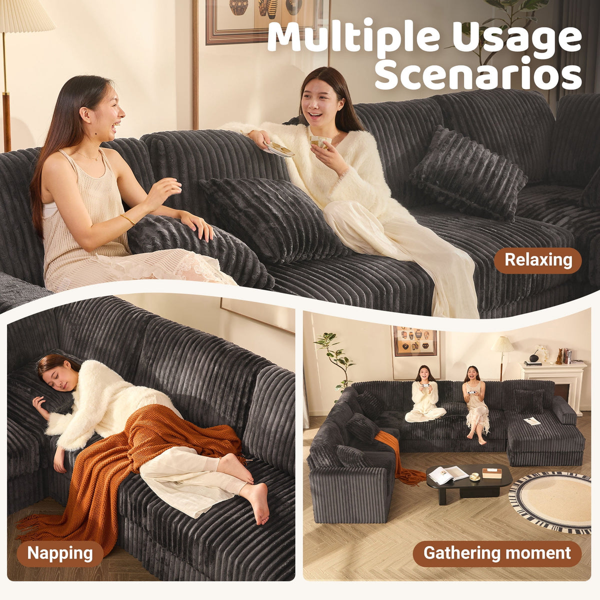  139" U-Shaped Sectional Sofa, 7-Seater Modular Cloud Couch for Large Families & Guests with Corduroy Upholstery, Right Facing Chaise, Gray