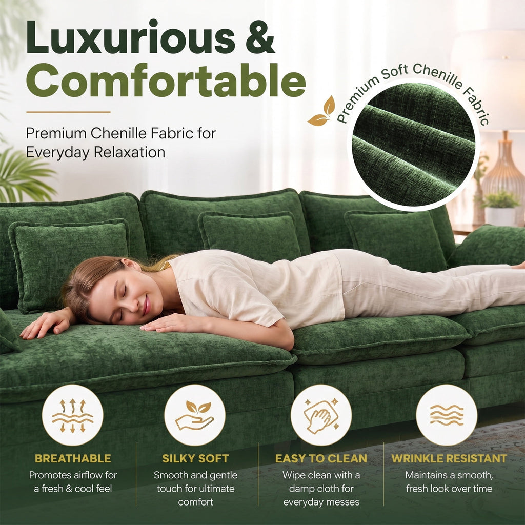 JULY'S SONG 113" L Shaped Couch Set, Deep Seat Modular Sectional Sofa with Movable Ottoman, Plush Couches and Sofas Detachable Cushions, Chenille Sectionals for Living Room, Green